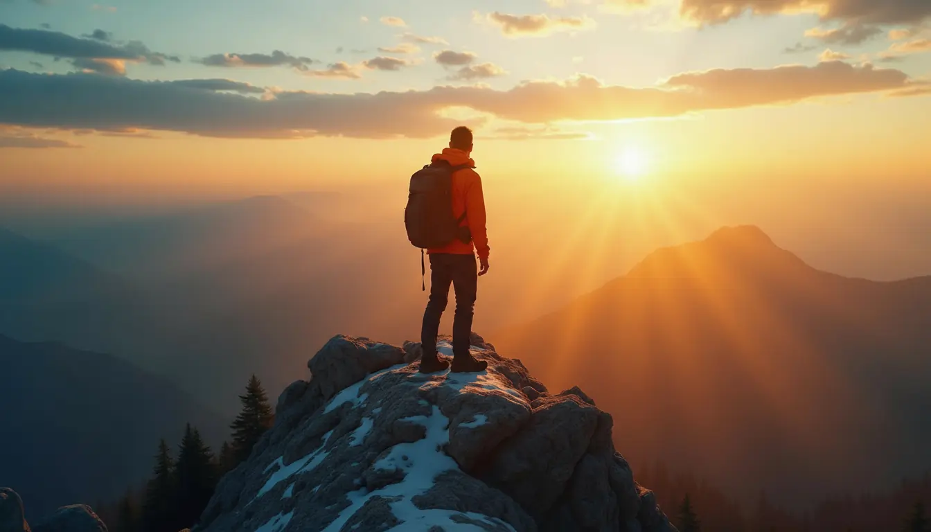 Bergsteiger auf dem Gipfel bei Sonnenaufgang